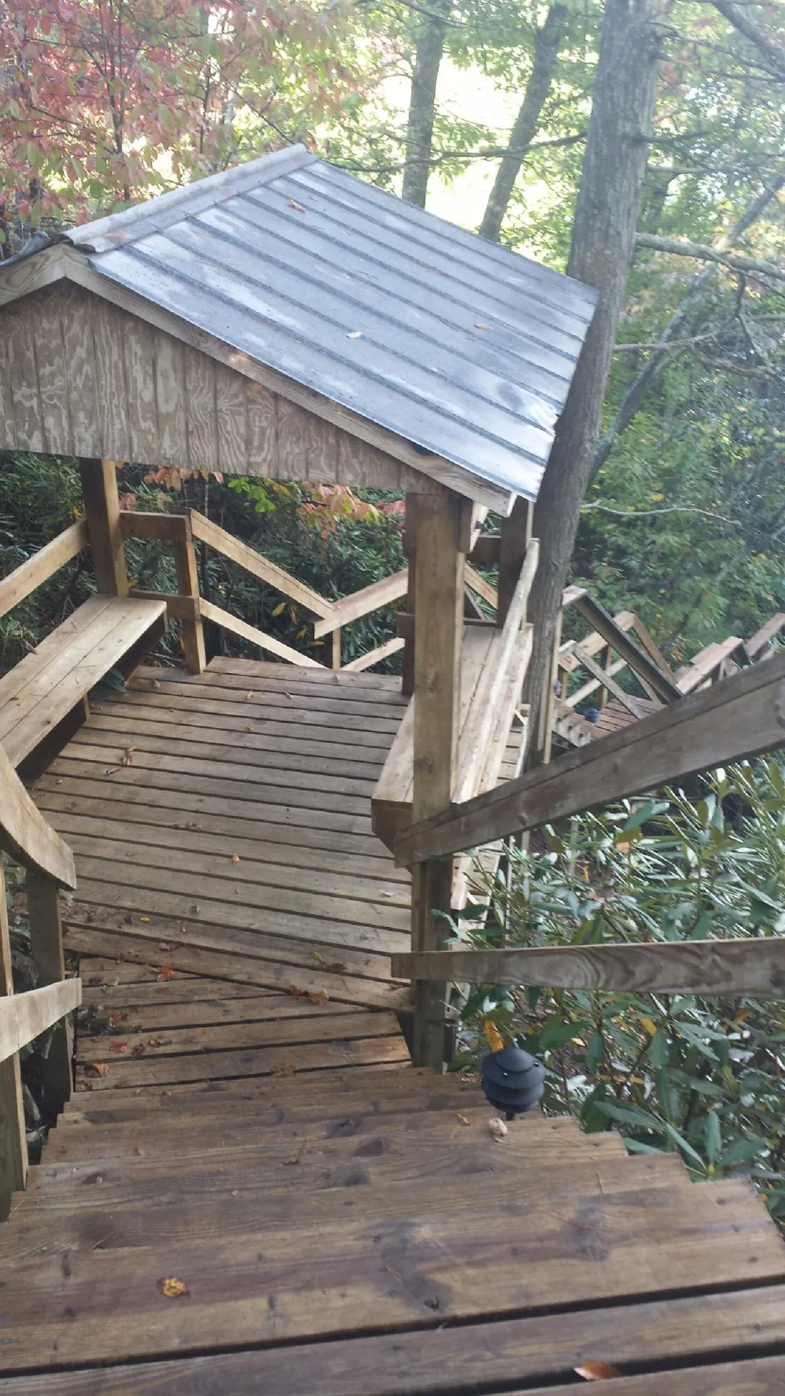 Metal roofed shelter over wooden steps on a wooded walkway — Skylight Repair & Installation work by our crew in Morris Chapel